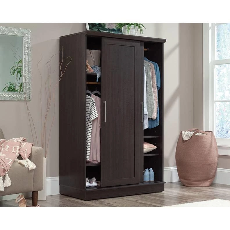 QuikFurn FarmHouse Espresso Oak Sliding Doors Garment Rod Wardrobe Armoire 3