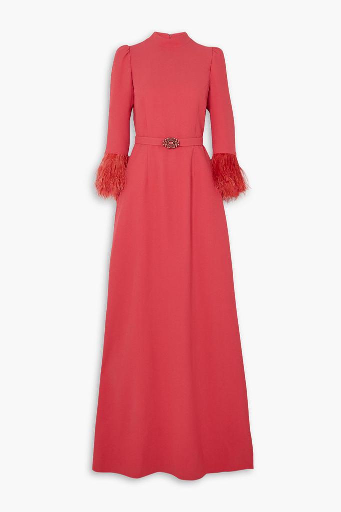 Andrew Gn Belted crystal and feather-embellished crepe gown