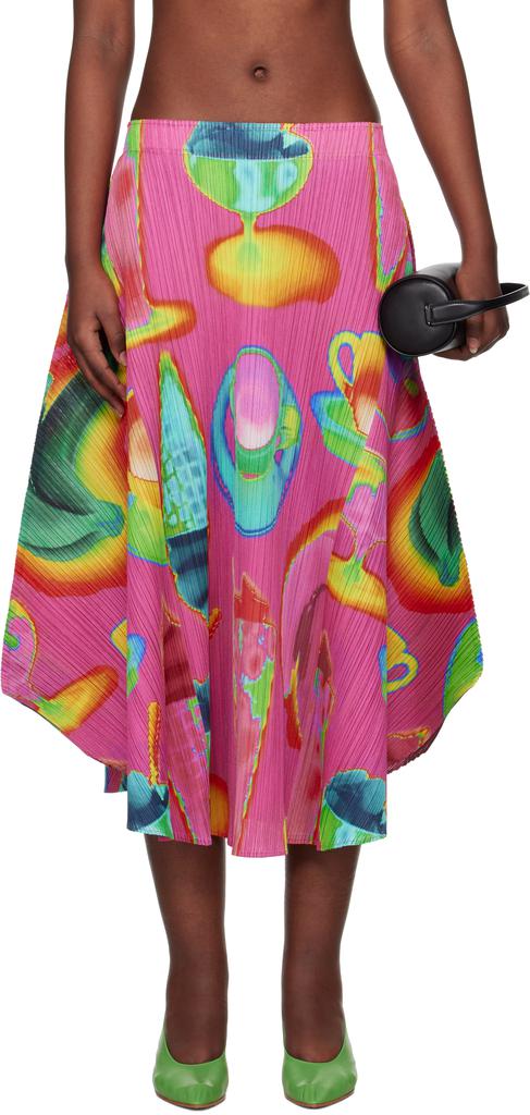 Pleats Please Pink & Green Thermal Foods Midi Skirt
