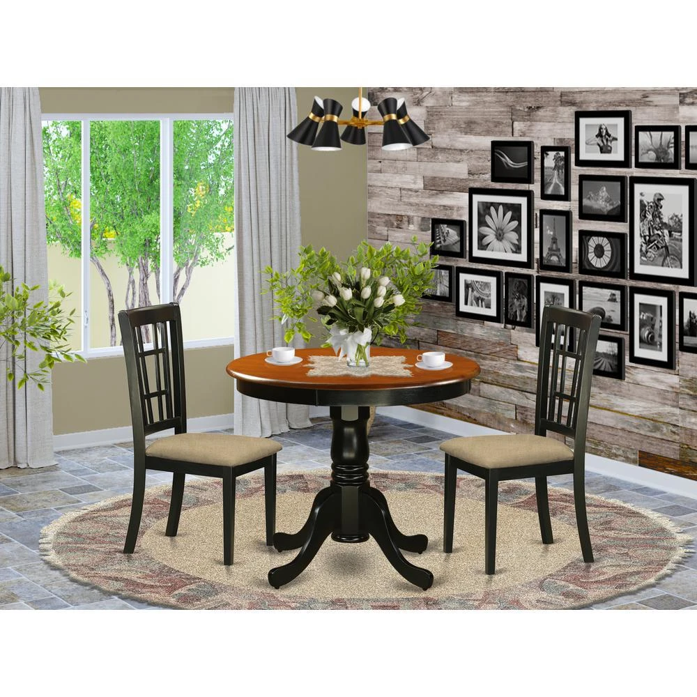 East West Furniture ANNI3-BLK-C 3 PC Dining Table with 2 Linen Chairs in Black and Cherry 2