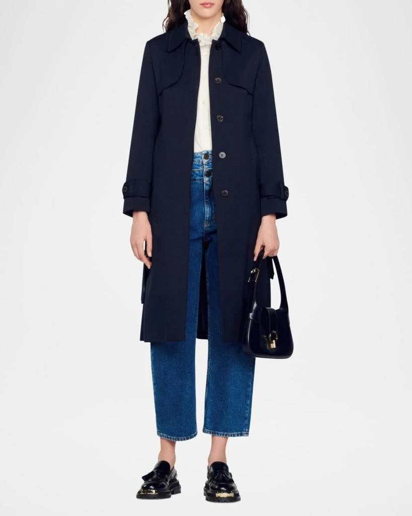 Sandro Navy Pleated-Back Belted Trench Coat 5