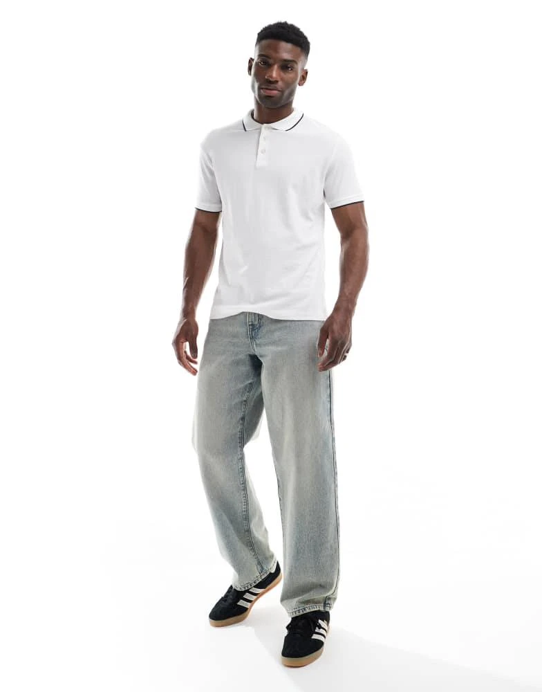 French Connection Mens French Connection tipped popcorn polo shirt in white and navy 2