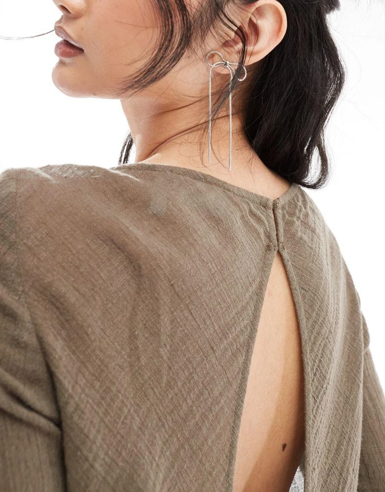 Weekday Weekday Ginko linen blend long sleeve mini dress in brown 2