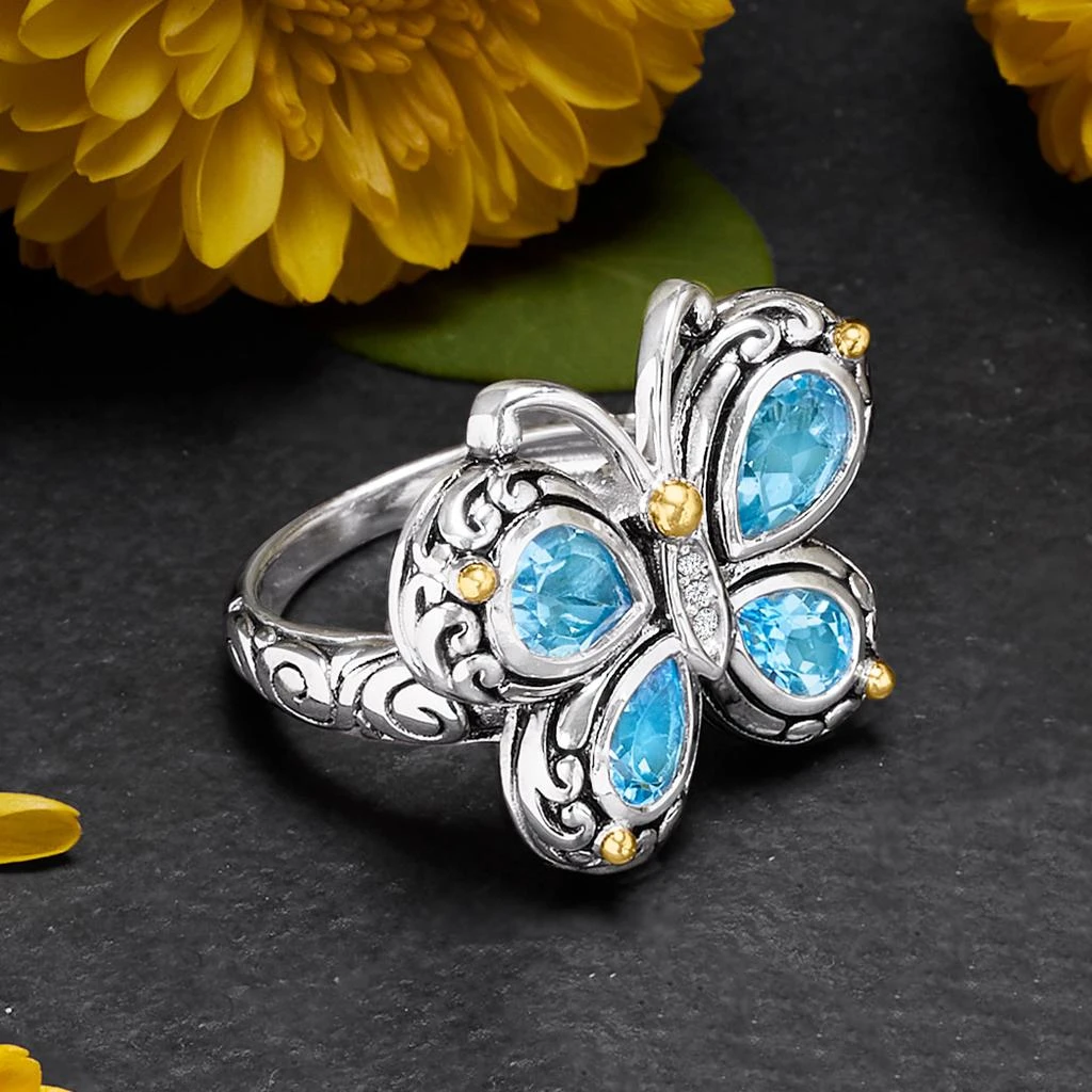 Ross-Simons Blue Topaz Bali-Style Butterfly Ring With White Topaz and 14kt Gold Accents in Sterling Silver 4