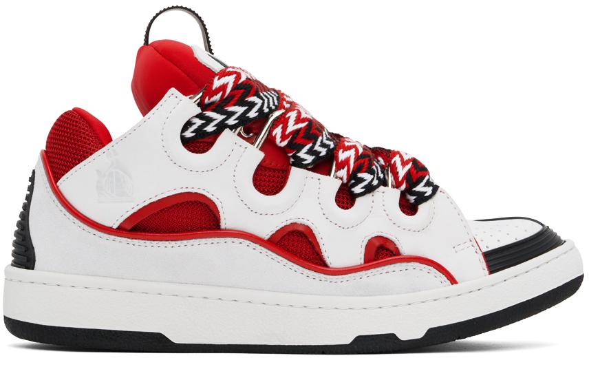 Lanvin White & Red Leather Curb Sneakers