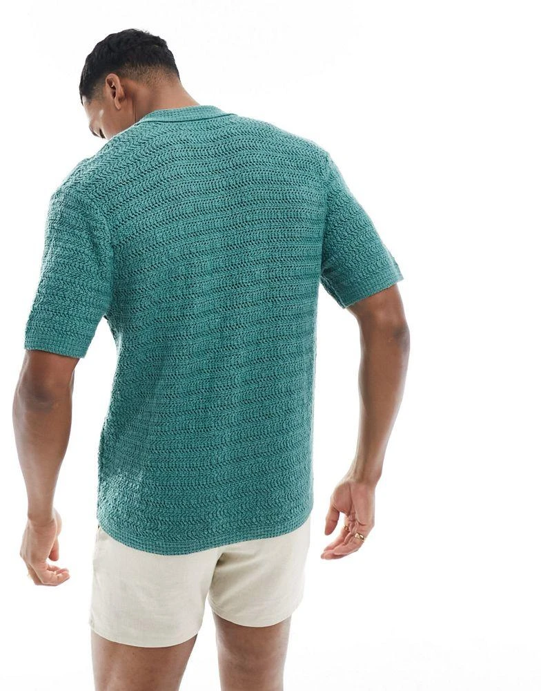Abercrombie & Fitch Abercrombie & Fitch crochet knit short sleeve polo shirt in dark green 4