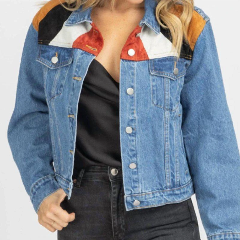 LE LIS Suede Patch Relaxed Denim Jacket 2