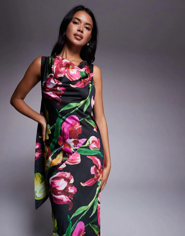 Shop ASOS DESIGN satin drape neckline midi dress with long tie back detail  and split in black based floral print on Sale at BeyondStyle  Get 75% Off  ASOS DESIGN satin drape