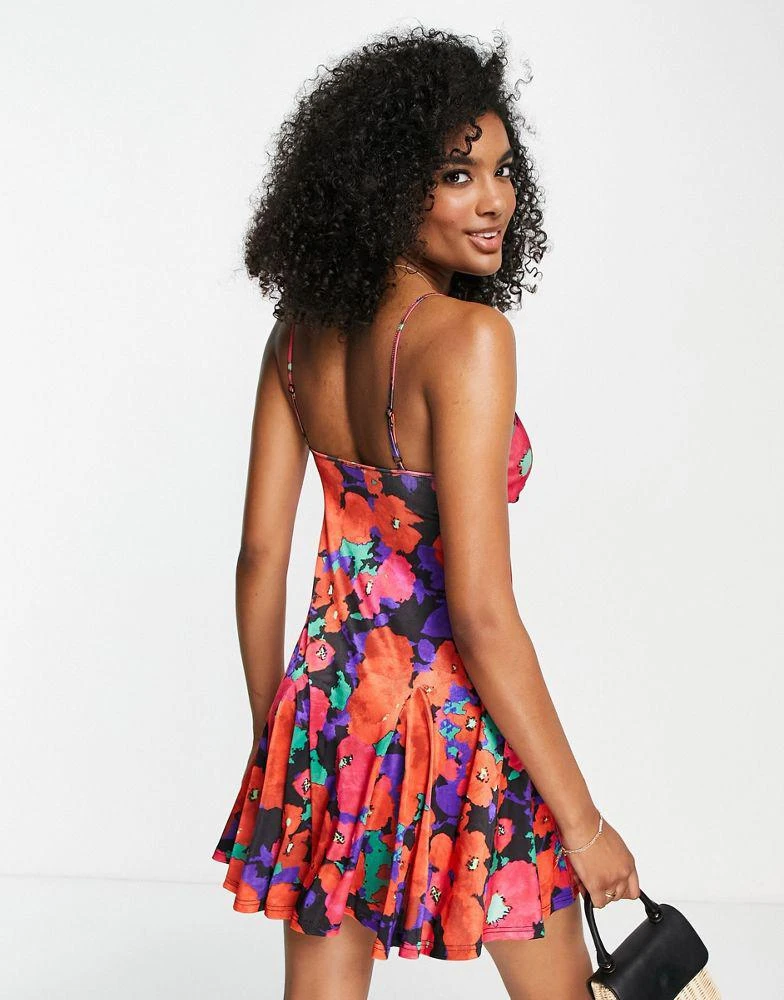 ASOS DESIGN ASOS DESIGN v neck satin stretch mini skater dress in bright floral 2