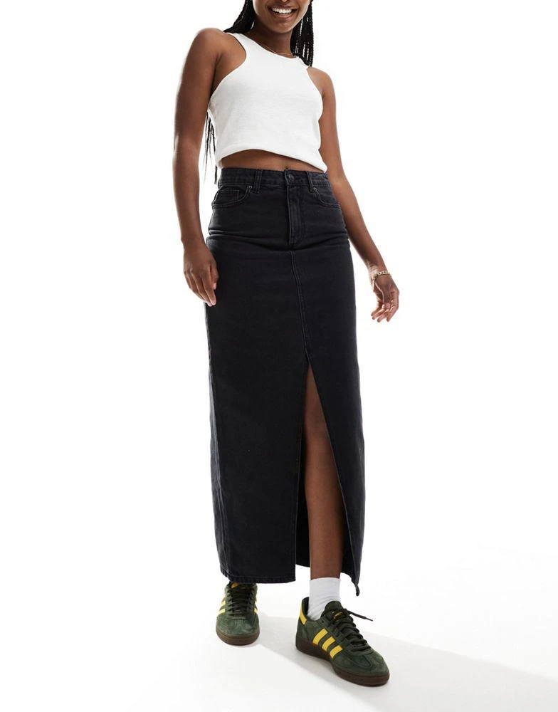 Don't Think Twice DTT denim midi skirt with front split in black 2