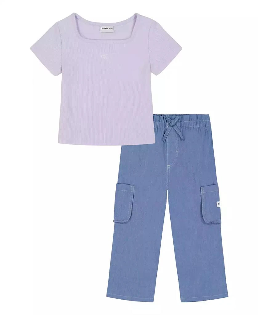 Calvin Klein Girls
 4-6X Square Neck T-Shirt and Wide Leg Denim Pants, 2-Piece Set