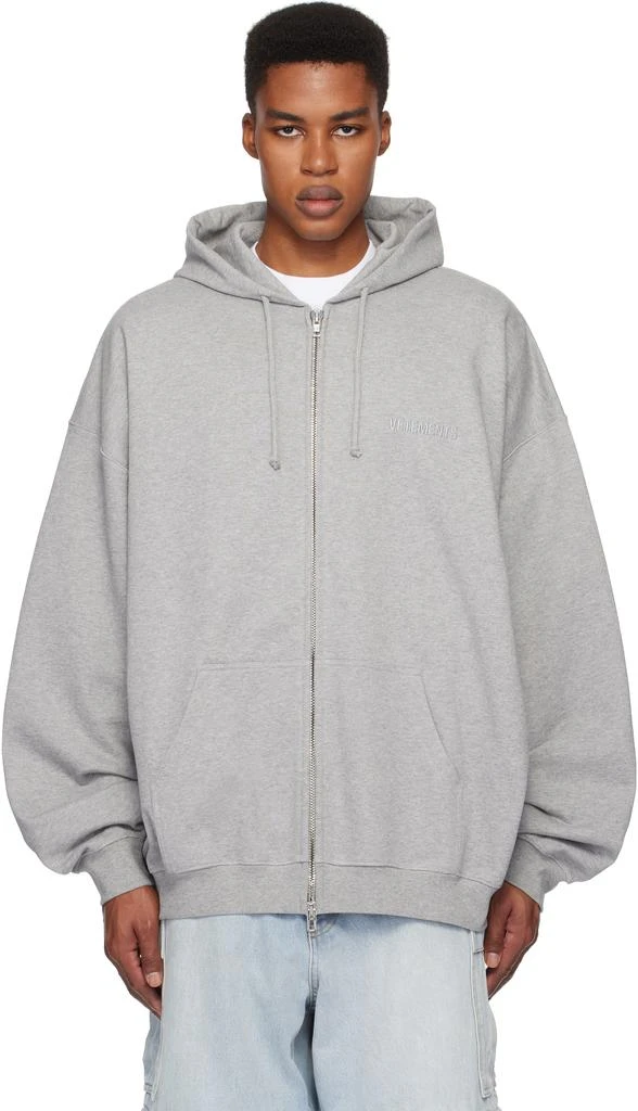 Vetements Gray Embroidered Logo Oversized Zip-Up Hoodie 1