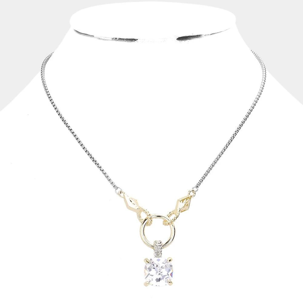 FASHNZFAB 14K Gold Plated Two Tone CZ Stone Pendant Necklace 2