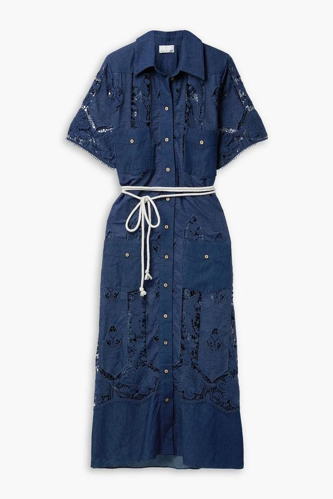 MIGUELINA Berly belted corded lace and cotton-chambray midi dress 1