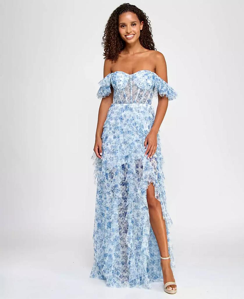 City Studios Juniors' Ruffled Off-The-Shoulder Corset Gown, Created for Macy's