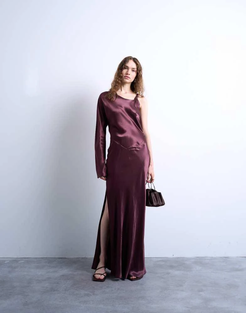 Topshop one sleeve twisted strap satin maxi dress in port royale-Red