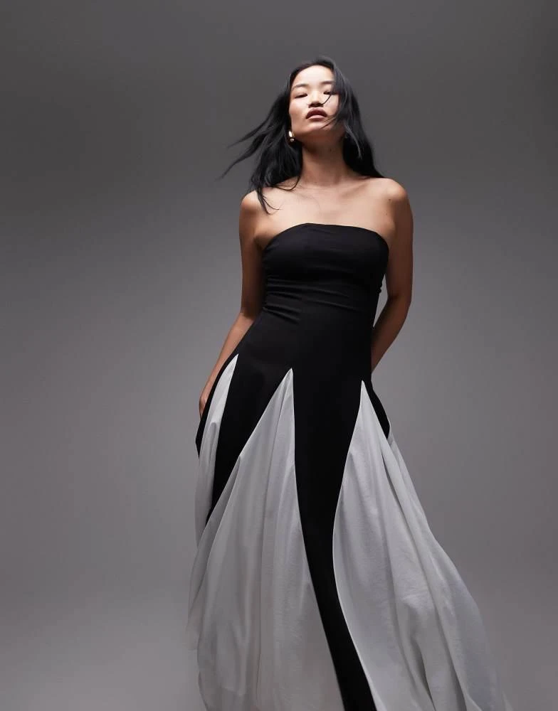 Heiress Beverly Hills structured bandeau contrast godet pleats maxi dress in Black and White Heiress Beverly Hills structured bandeau contrast godet pleats maxi dress in Black and White