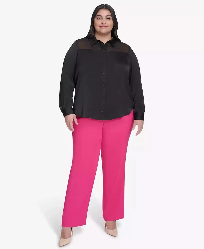 DKNY Plus Size Mixed Media Button Front Blouse 4