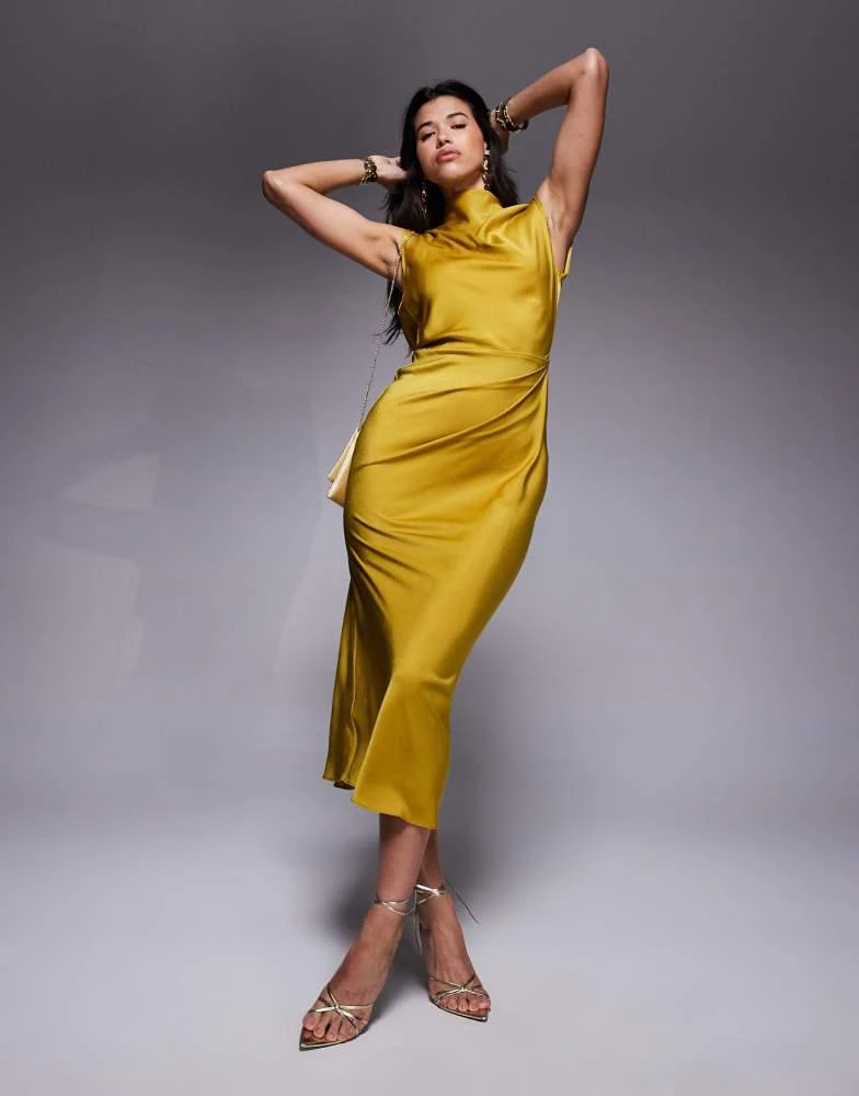 asos design satin tie front midi dress ASOS DESIGN tie front satin midi dress with flared sleeve and cut out side