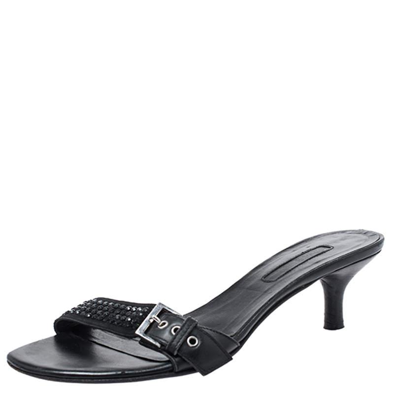 CESARE PACIOTTI Cesare Paciotti Black Leather Crystal Embellished Buckle Detail Kitten Heel Mules Size 37