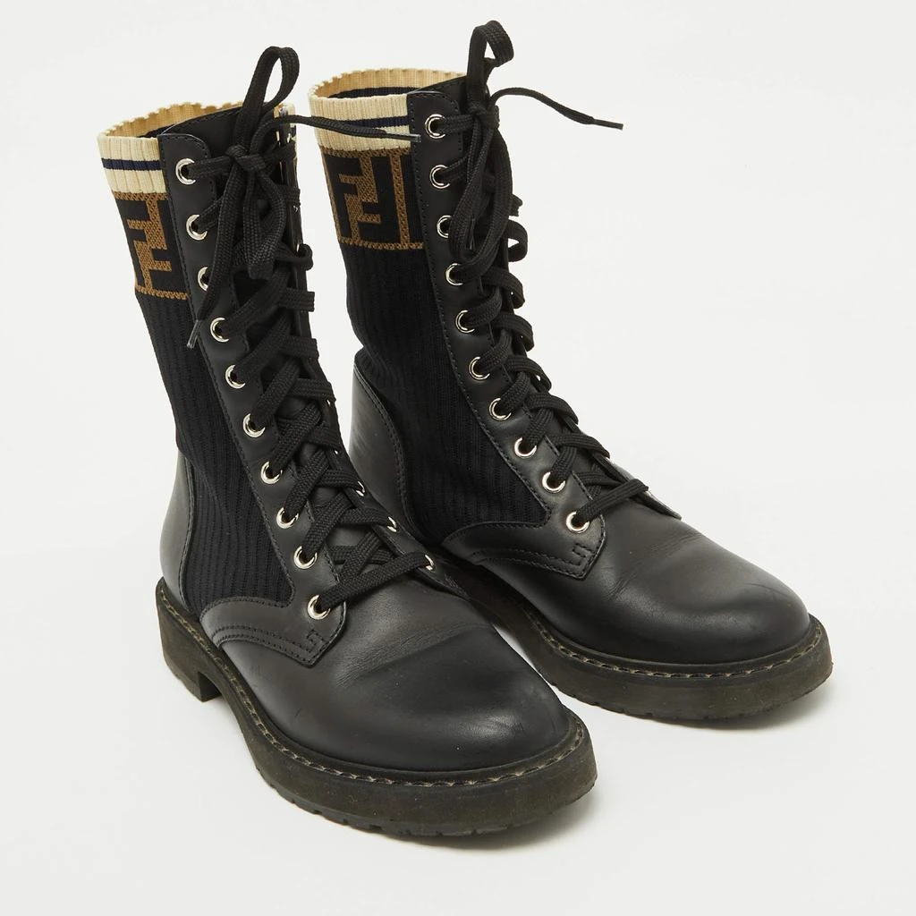 Fendi Fendi Black Leather and Zucca Stretch Fabric Rockoko Combat Boots Size 35.5 4