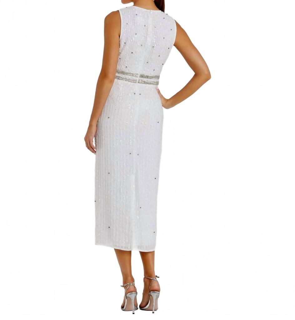 Mac Duggal Sleeveless High Neck Beaded Midi Sheath Dress In White