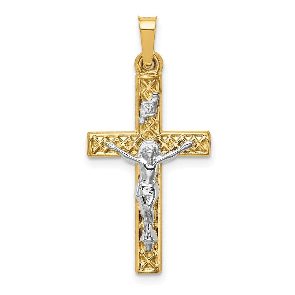 Diamond2Deal 14k Two-tone Gold Polished Lattice Textured INRI Crucifix Pendant