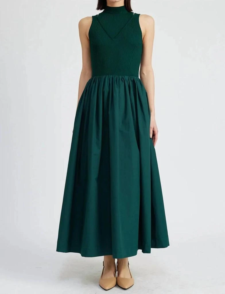 En Saison Sigrid Forest Knit And Poplin Midi Dress In Green 1