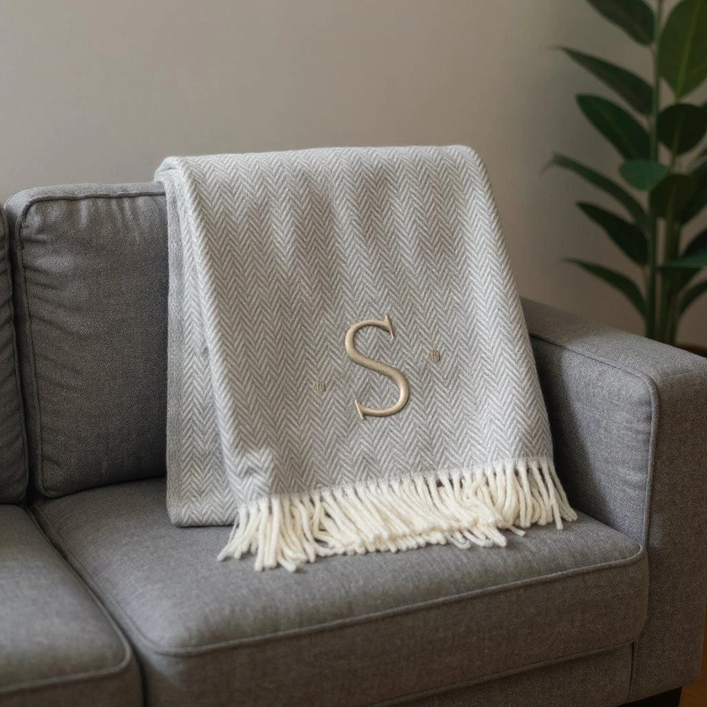 Hivvago 55" X 70" Gray And White Herringbone Cotton Blend S Initial Throw Blanket with Tassels And Embroidery 2