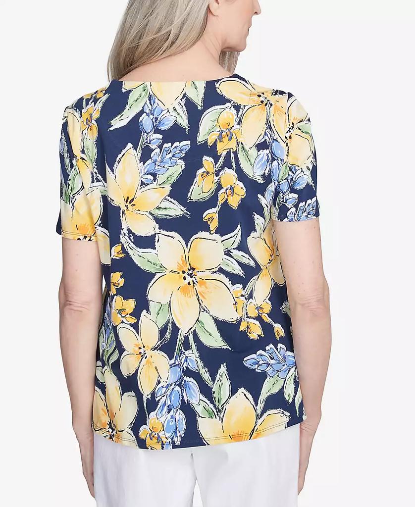 Alfred Dunner Petite  Navy Floral Braided Crew Neck Top