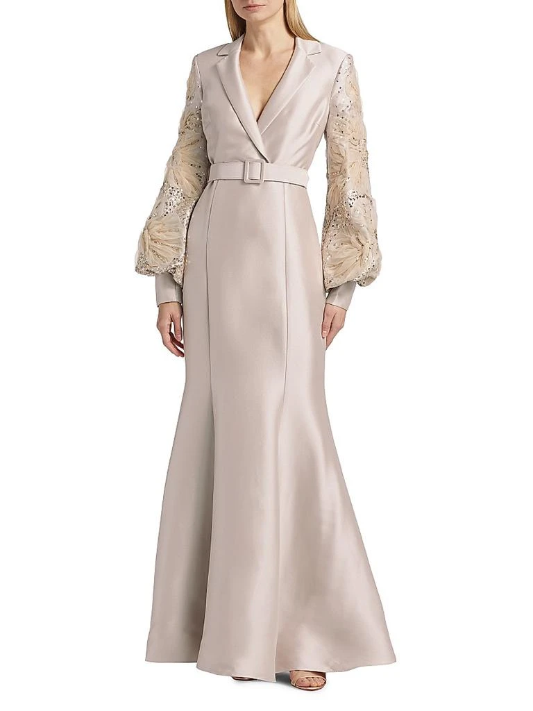 Badgley Mischka Beaded Tulle-Sleeve Blazer Mermaid Gown 3
