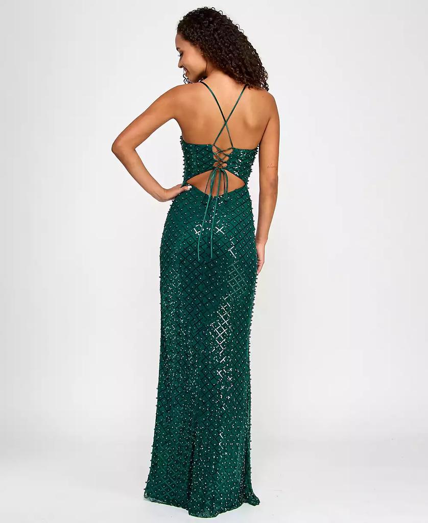 City Studios Juniors' Faux Pearl-Sequin Straight-Neck Gown, Created for Macy's