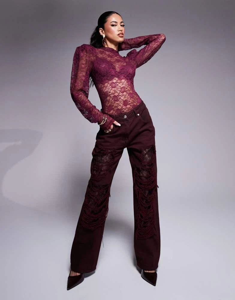 ASOS ASOS X THE SOURCED COLLECTION baggy jeans with lace and rips in burgundy 1