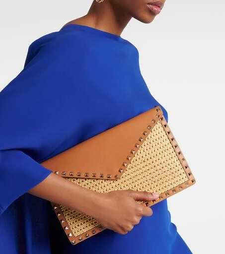 Valentino Rockstud Large leather-trimmed raffia clutch 2