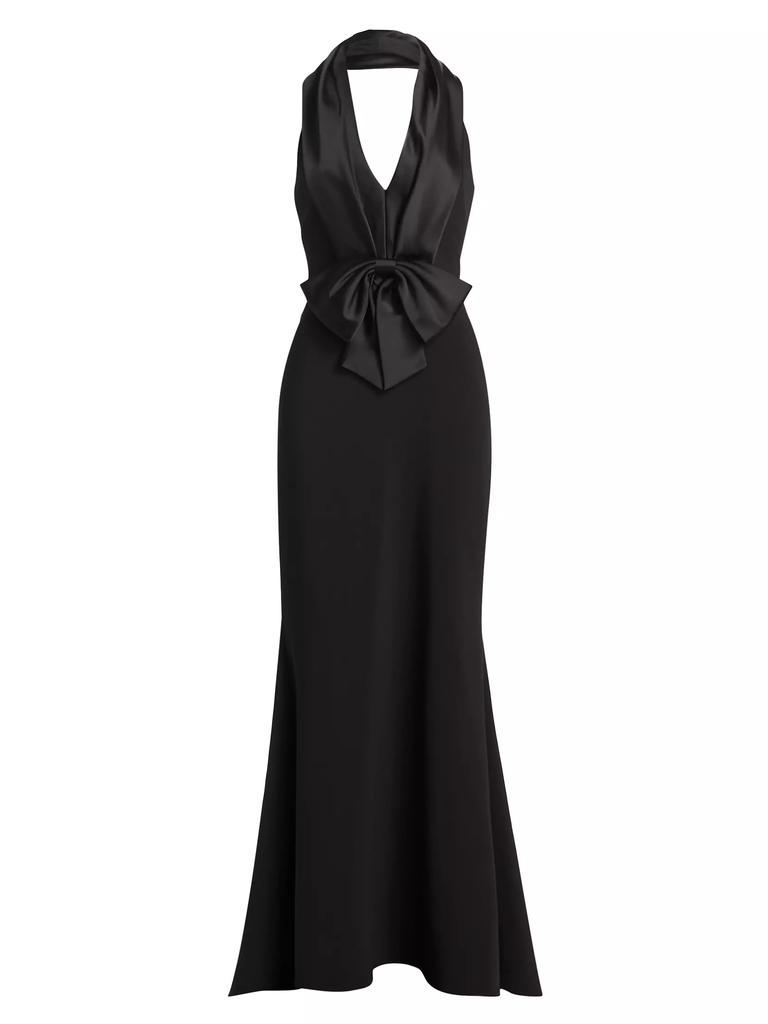 Badgley Mischka Bow Stretch-Crepe Halterneck Gown