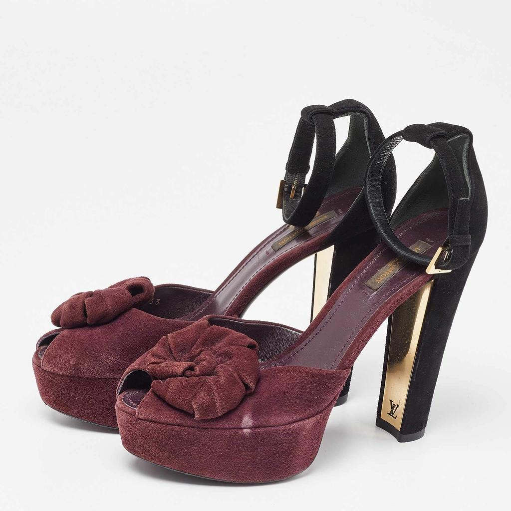 Louis Vuitton Louis Vuitton Burgundy/Black Suede Flower Peep Toe Platform Ankle Strap Sandals Size 37.5