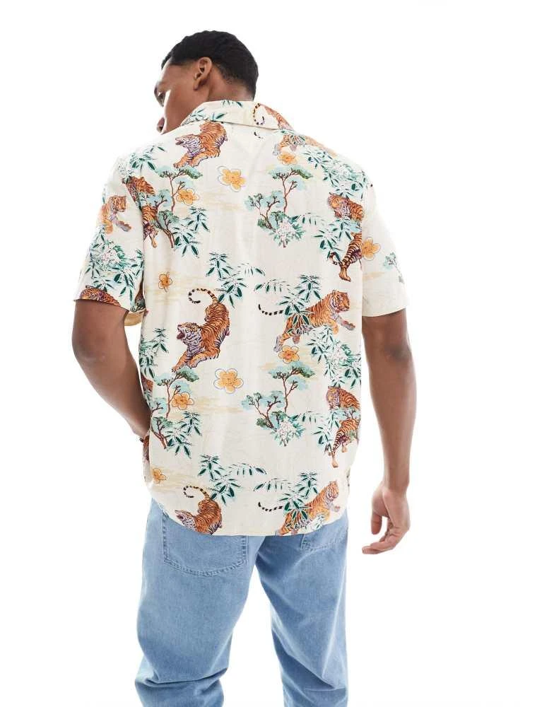 French Connection Mens French Connection short sleeve revere shirt in white tiger print 3