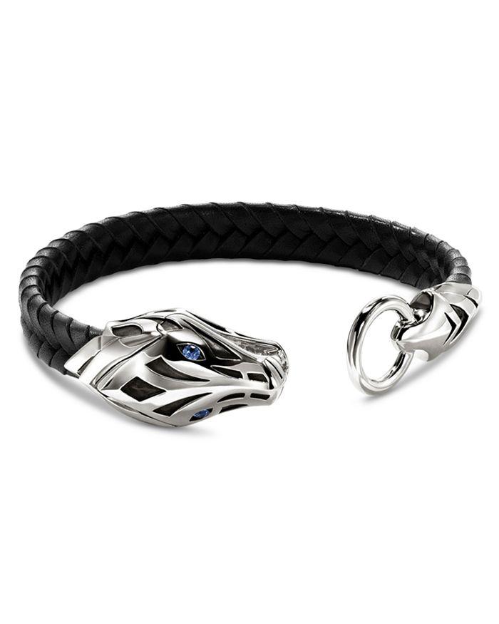 John Hardy Sterling Silver Naga Blue Sapphire Snake Braided Black Leather Bracelet