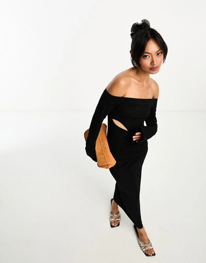 ASOS ASOS DESIGN bardot ruched front cut out long sleeve midi dress in black 2