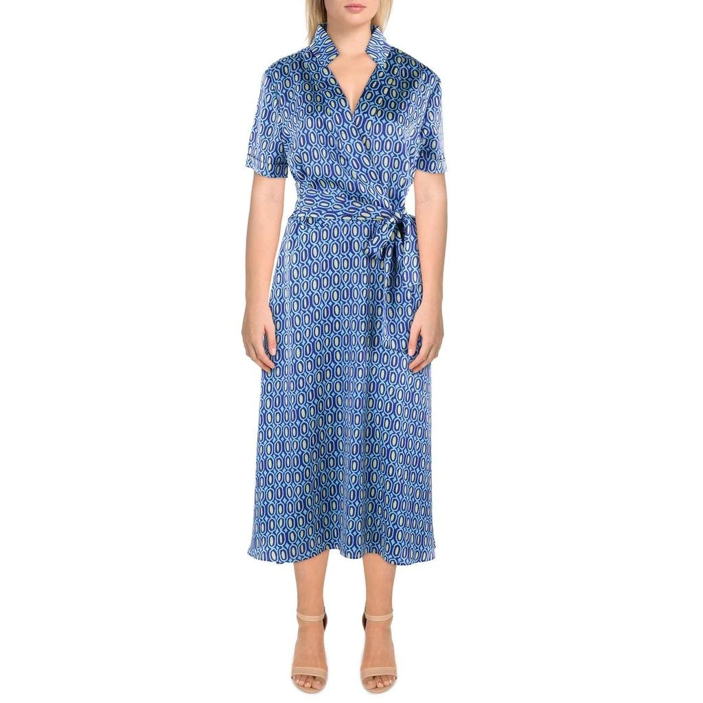 chinese dress ladies Tahari ASL Satin Print Sleeveless Mock Neck Midi Removable Tie Belt A-Line  Dress main image 1