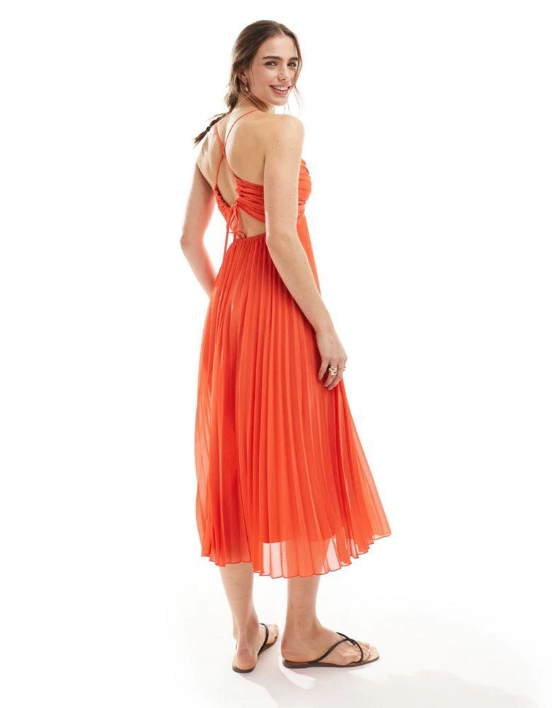 ASOS ASOS DESIGN pleated bodice strappy pleat midi dress with tie back detail in coral 1