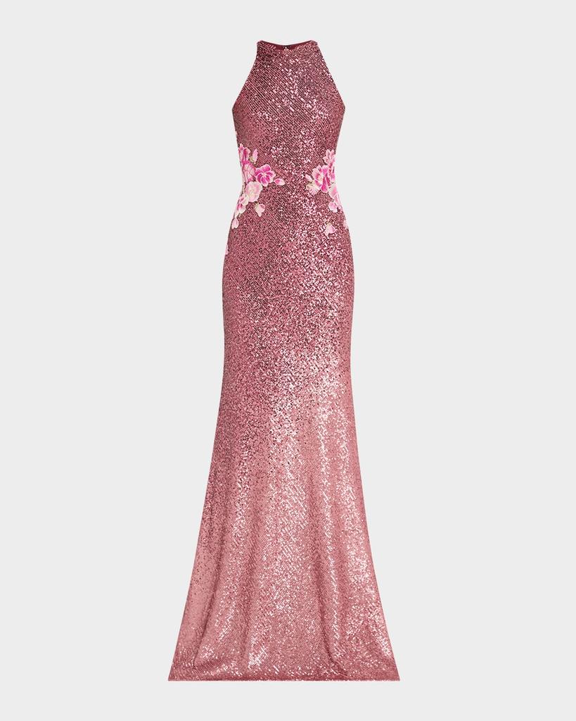 Naeem Khan Floral Embroidered Ombre Sequin Halter Gown