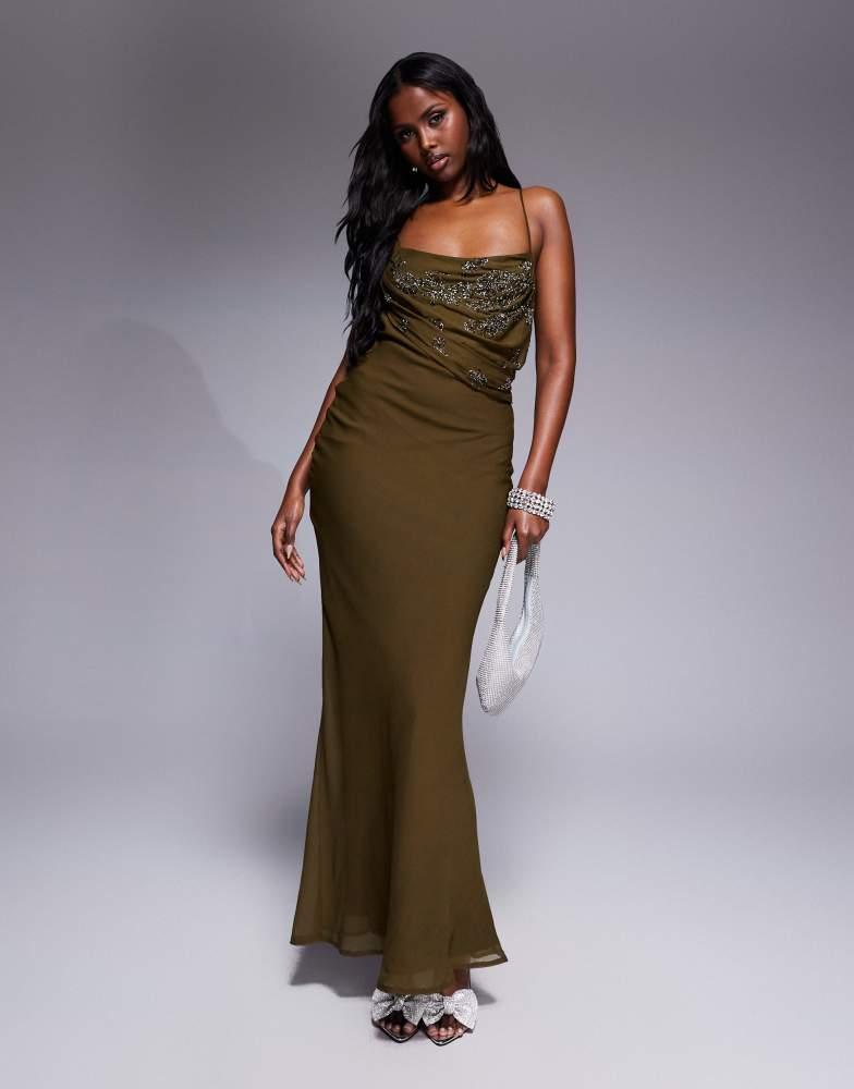 ASOS DESIGN ASOS DESIGN embellished cami strap drape bodice maxi dress with  bias skirt in khaki KHAKI UK-18 - Dresses \u0026 Skirts - Free Shipping -  BeyondStyle
