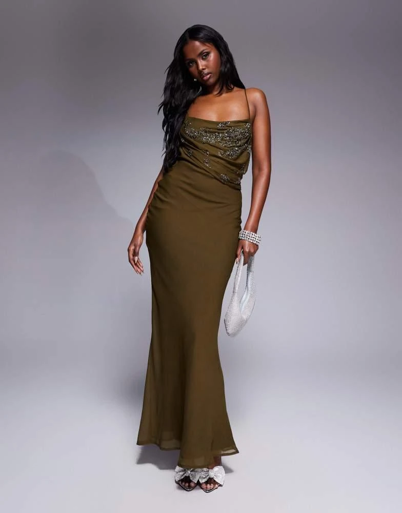ASOS ASOS DESIGN embellished cami strap drape bodice maxi dress with bias skirt in khaki - Dresses & Skirts - Free Shipping - BeyondStyle ASOS ASOS DESIGN embellished cami strap drape bodice maxi dress with bias skirt in khaki - Dresses & Skirts - Free Shipping - BeyondStyle