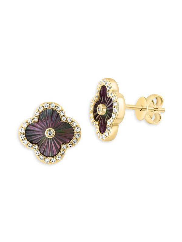 Effy 14K Yellow Gold, Mother of Pearl & Diamond Clover Stud Earrings 1