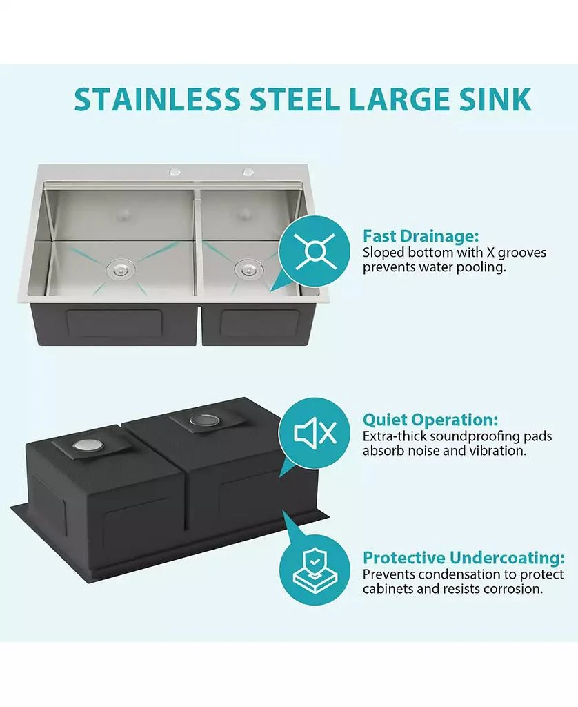 Flynama 36x22x10inch Topmount Double Bowl Kitchen Sink 16 Gauge Stainless Steel Split Brushed Nickel 5