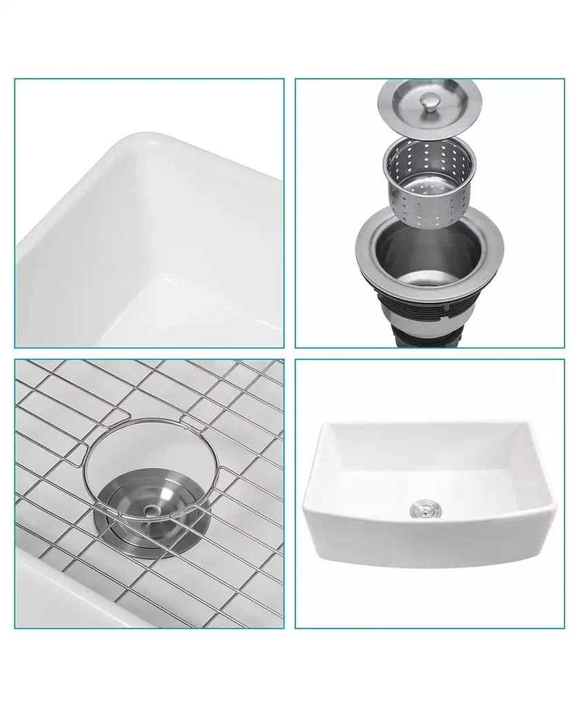 Flynama 30x19x10inch White Farmhouse Sink Ceramic Porcelain Arch Edge Apron Front Single Bowl 5