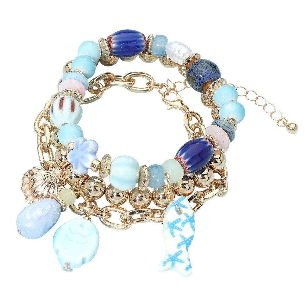FASHNZFAB 3PCS - Ceramic Fish Ocean Pearl Charm Beaded Multi Layered Bracelets 2