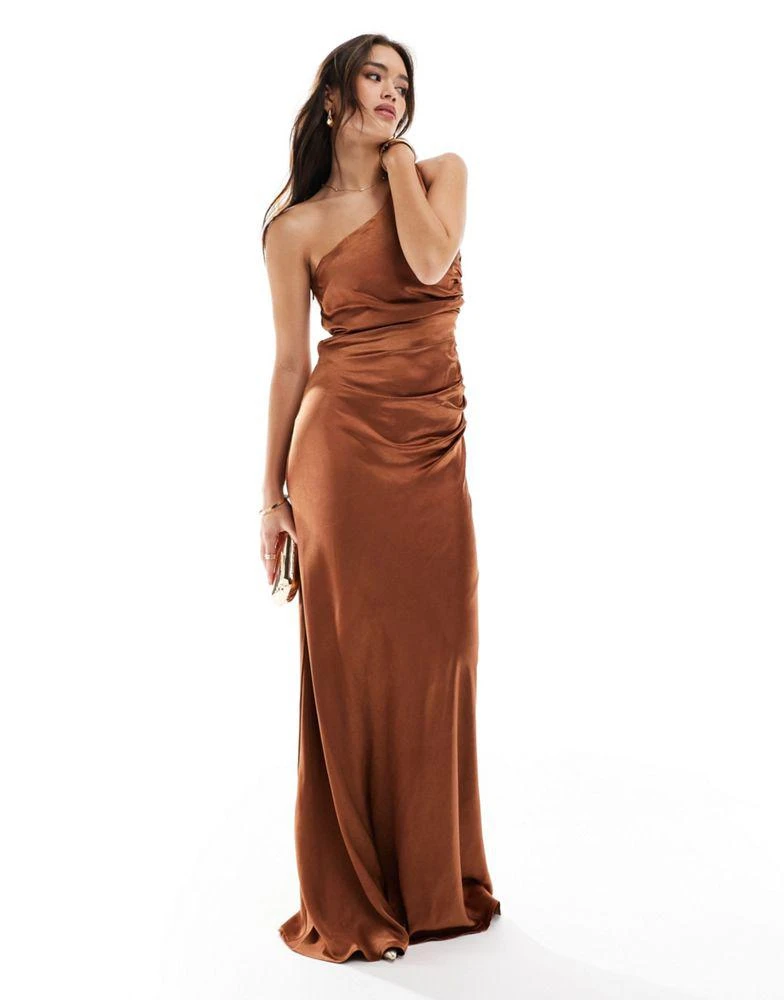 Six Stories Six Stories Bridesmaid satin one shoulder maxi dress in rust 1