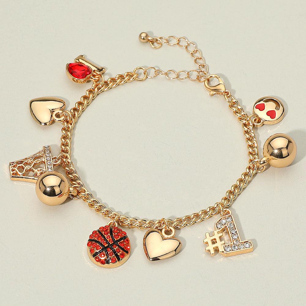 FASHNZFAB Heart Smile Number One Basketball Charm Station Bracelet - Gold, Orange